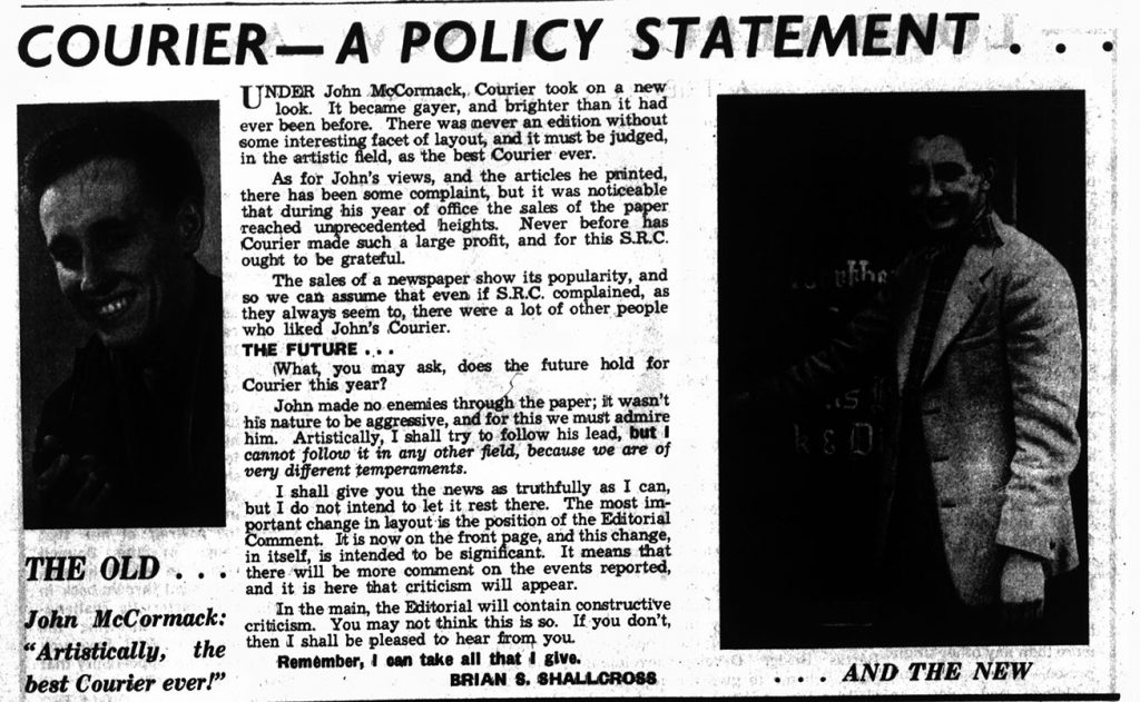 'Courier-A Policy Statement' reviewing John McCormack, 8th May 1958