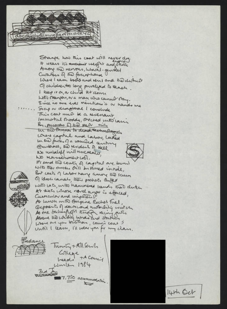 Page from a draft of Cousin Coat, a poem by Sean O'Brien - a hand written manuscript draft of a poem for inclusion in Sean O'Brien's poetry collection 'The Frighteners'. O'Brien (Sean) Archive, OBR/1/1/2/4