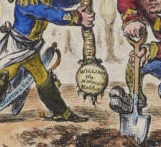 Gillray satirizes the direction of Napoleon’s ambitions by showing him planting a new Royal Pippin Tree to create new royal dynasties himself. Napoleon achieves this with the help of his Corsican Grafting Knife; a poke at his own, less grand lineage.