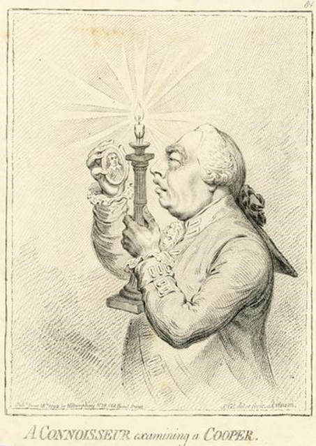 Satirical cartoon, depicts King George III examining Samuel Cooper's famous miniature portrait of Oliver Cromwell.
