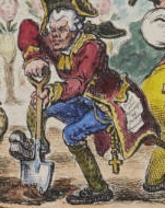 Napoleon is assisted by his Minister of Foreign Affairs, Talleyrand, a skilled and influential diplomat, who digs the hole for his Emperor. In his pocket, a piece of paper reads 'projet pour aggrandiser les Jardins Imperials', roughly translated as project to aggrandise the Imperial Gardens. 