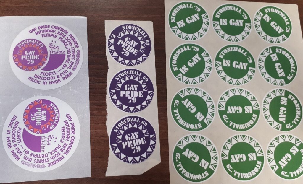 Stickers from Pride 1979 commemorating 10 years since Stonewall